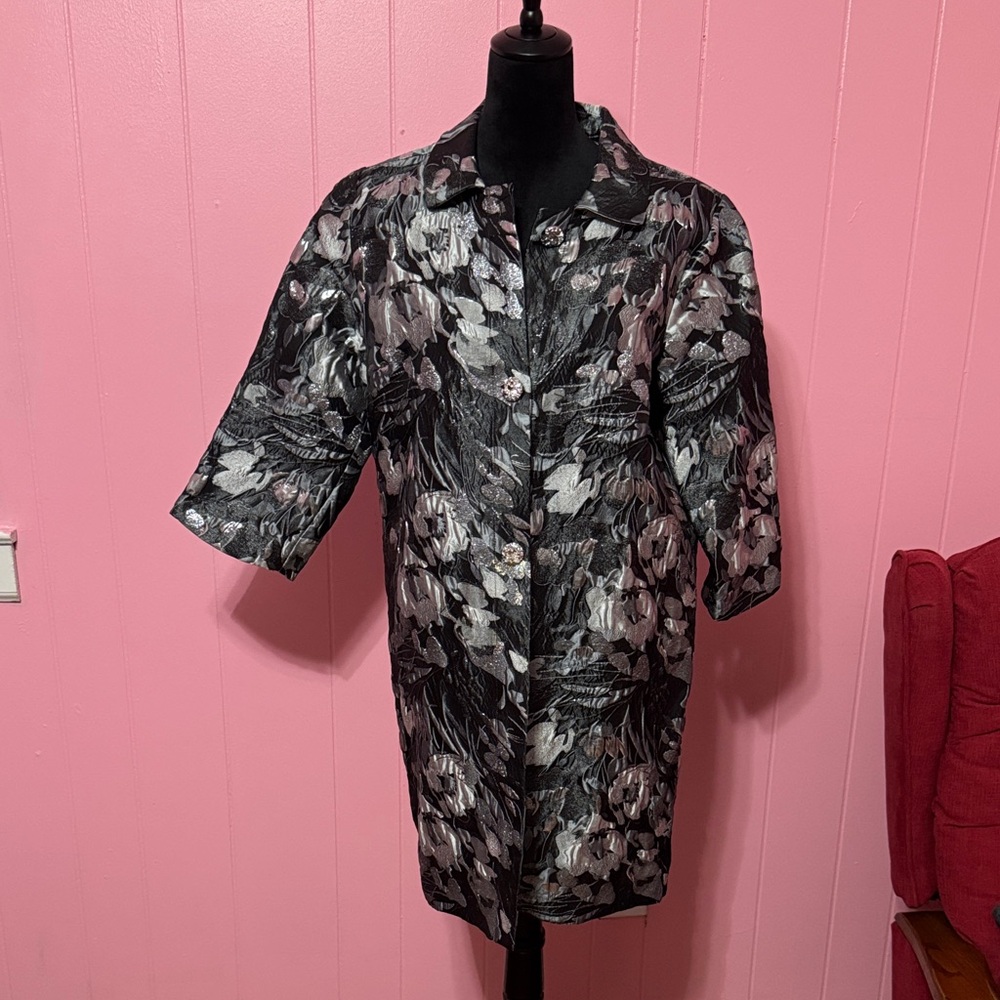 Investments Black and Silver Floral Jacquard Coat